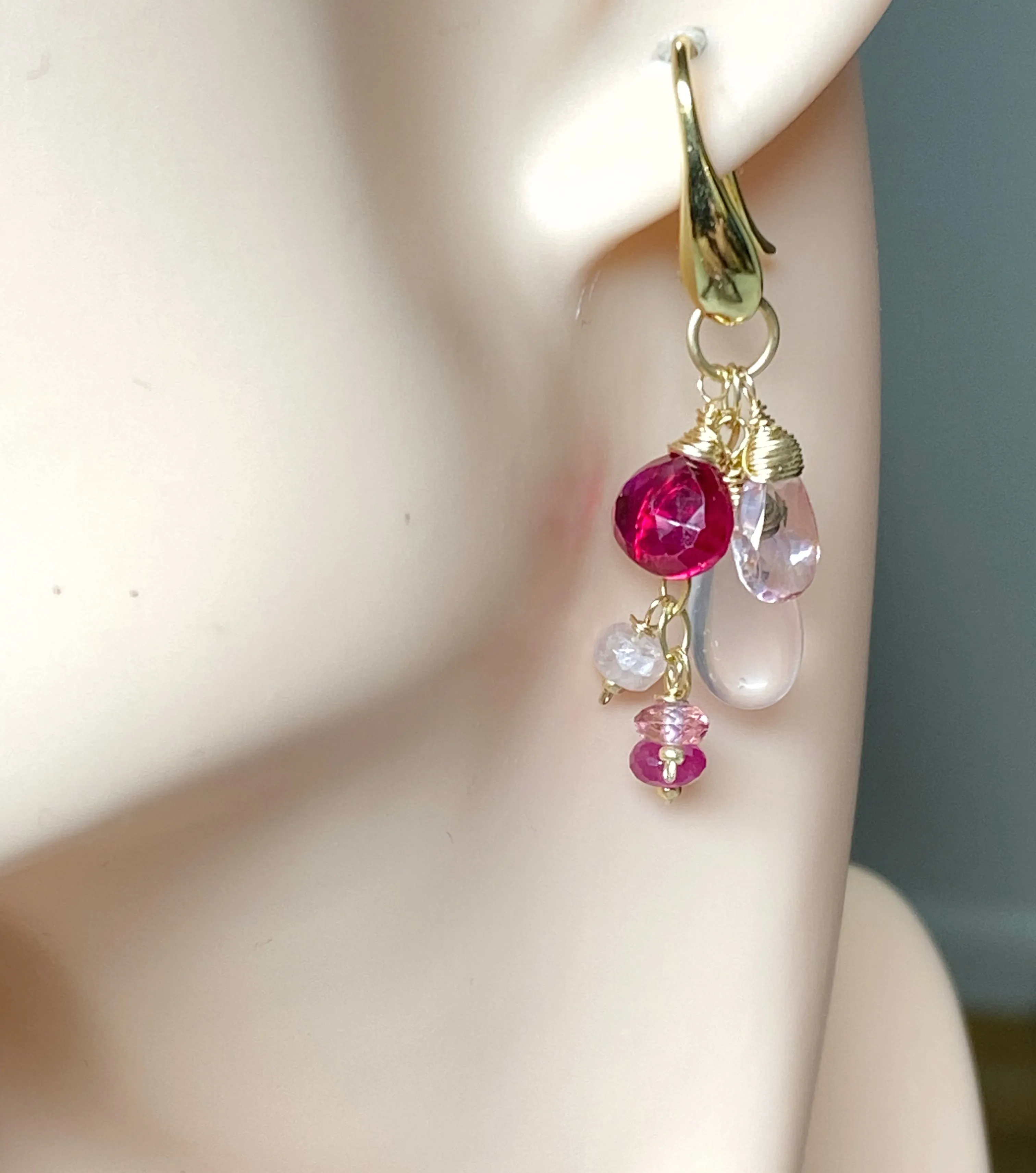 Rose Quartz, Red and Pink Topaz Dangle Earrings, Gold Fill