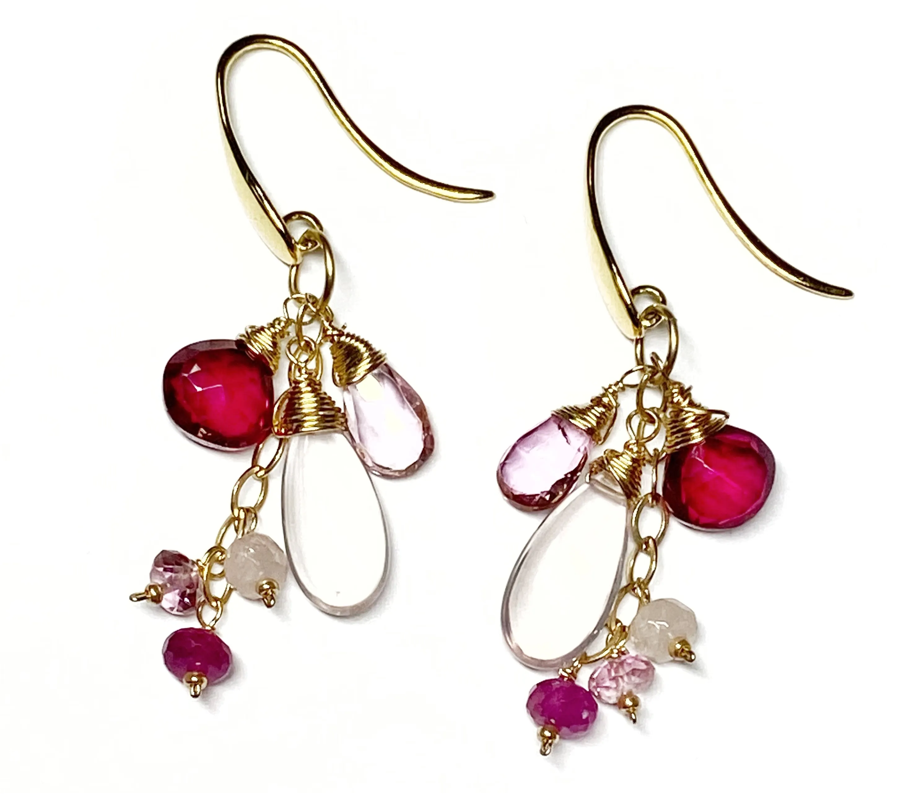 Rose Quartz, Red and Pink Topaz Dangle Earrings, Gold Fill