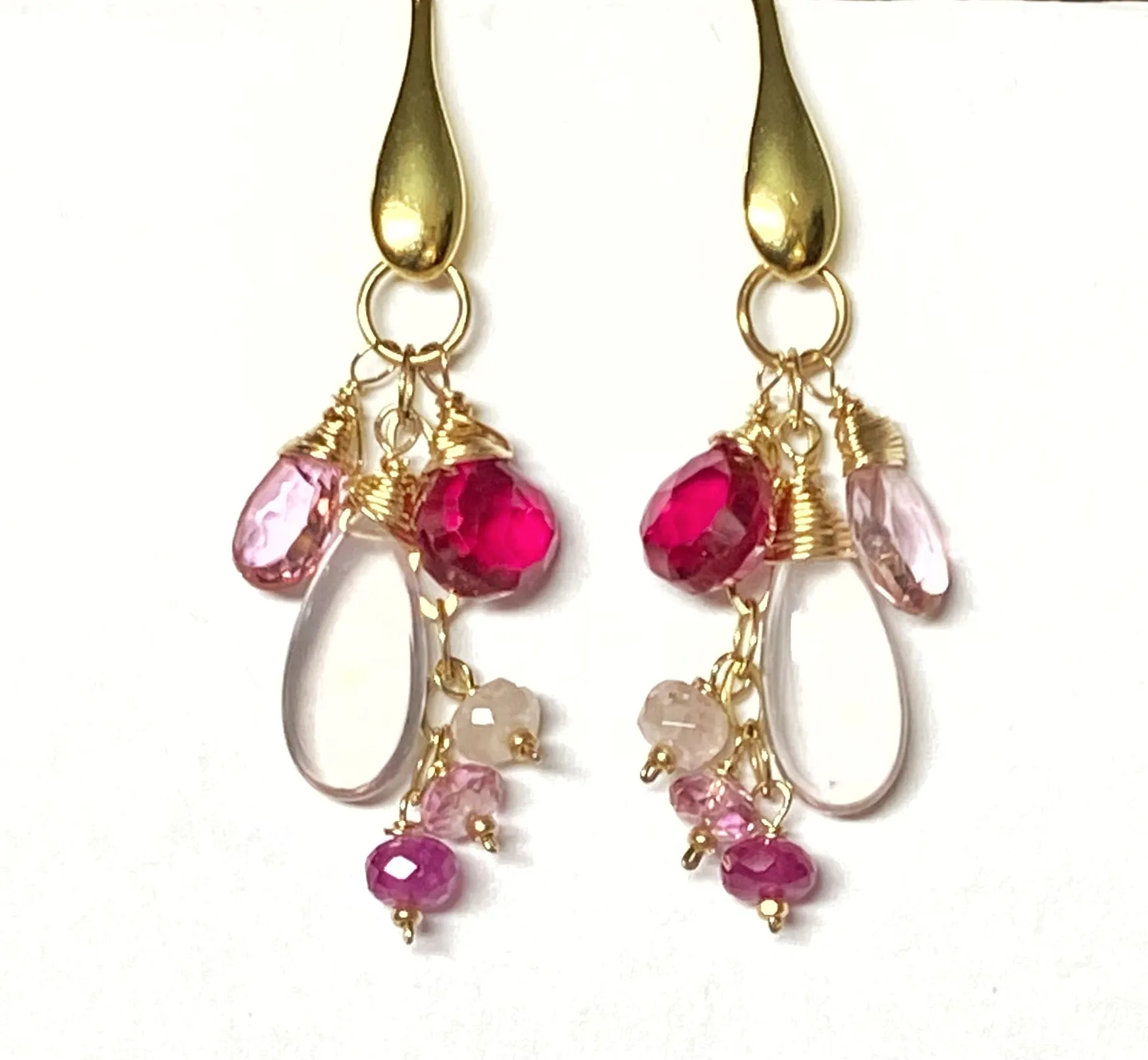 Rose Quartz, Red and Pink Topaz Dangle Earrings, Gold Fill