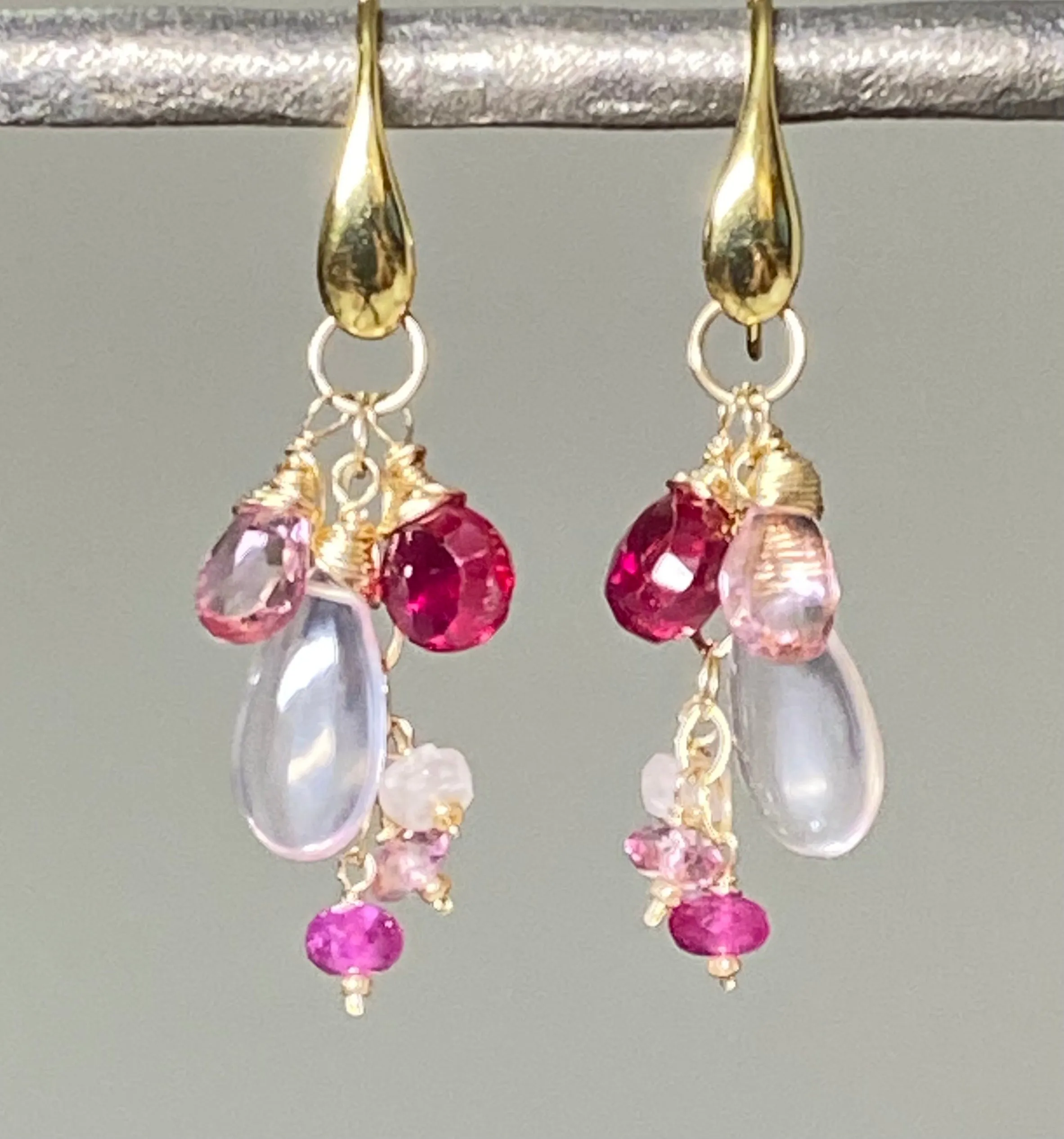 Rose Quartz, Red and Pink Topaz Dangle Earrings, Gold Fill
