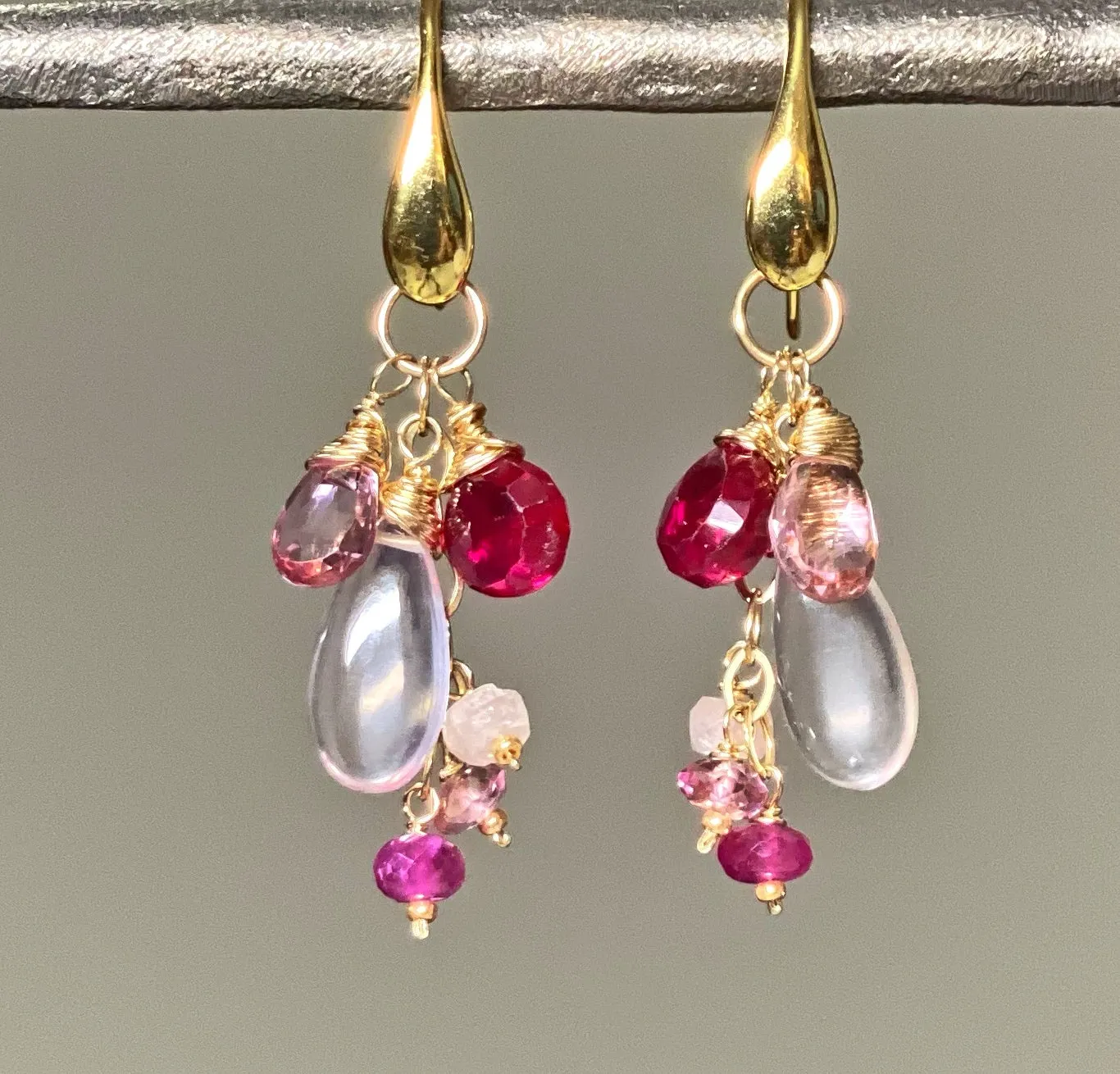 Rose Quartz, Red and Pink Topaz Dangle Earrings, Gold Fill