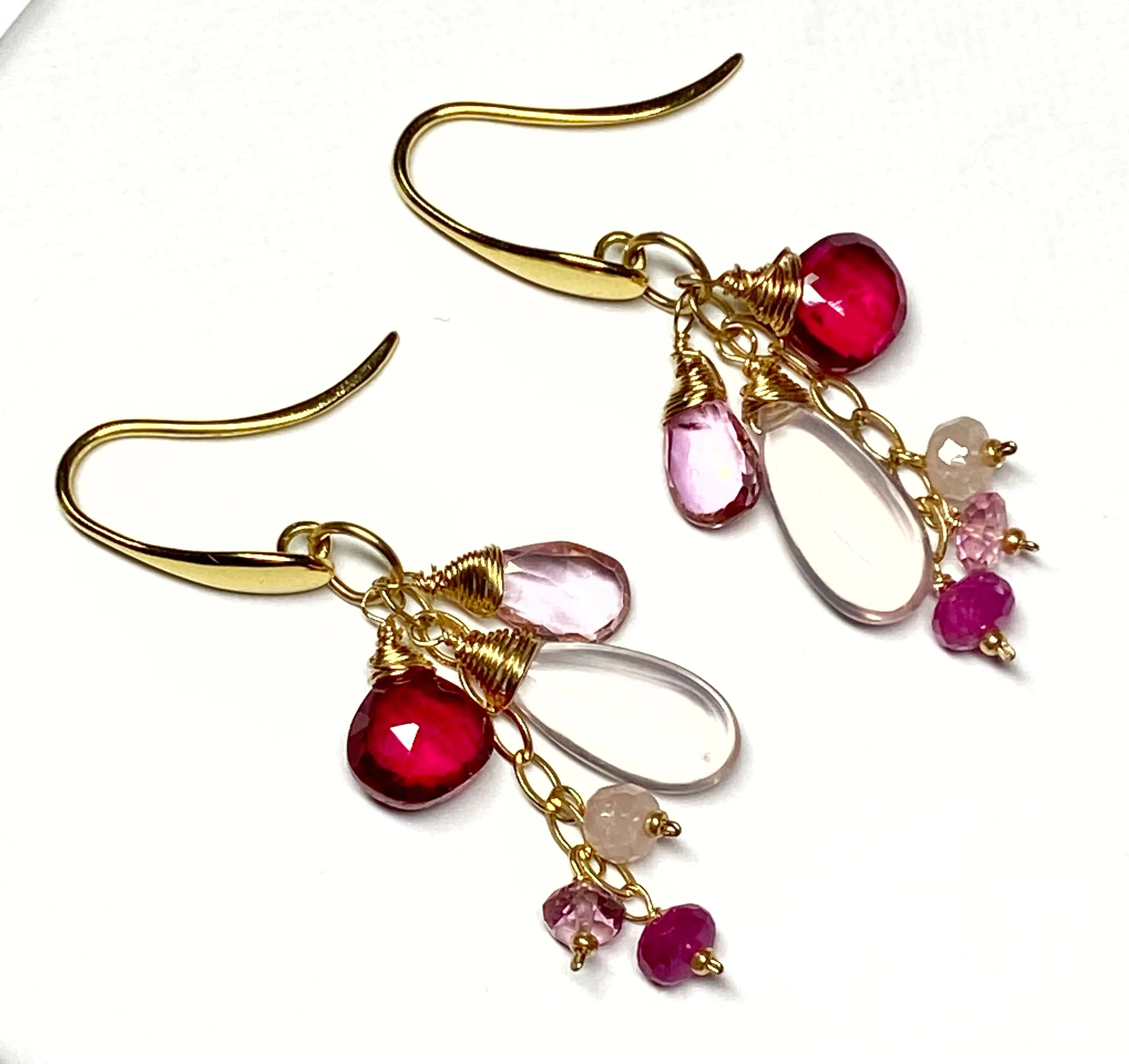 Rose Quartz, Red and Pink Topaz Dangle Earrings, Gold Fill