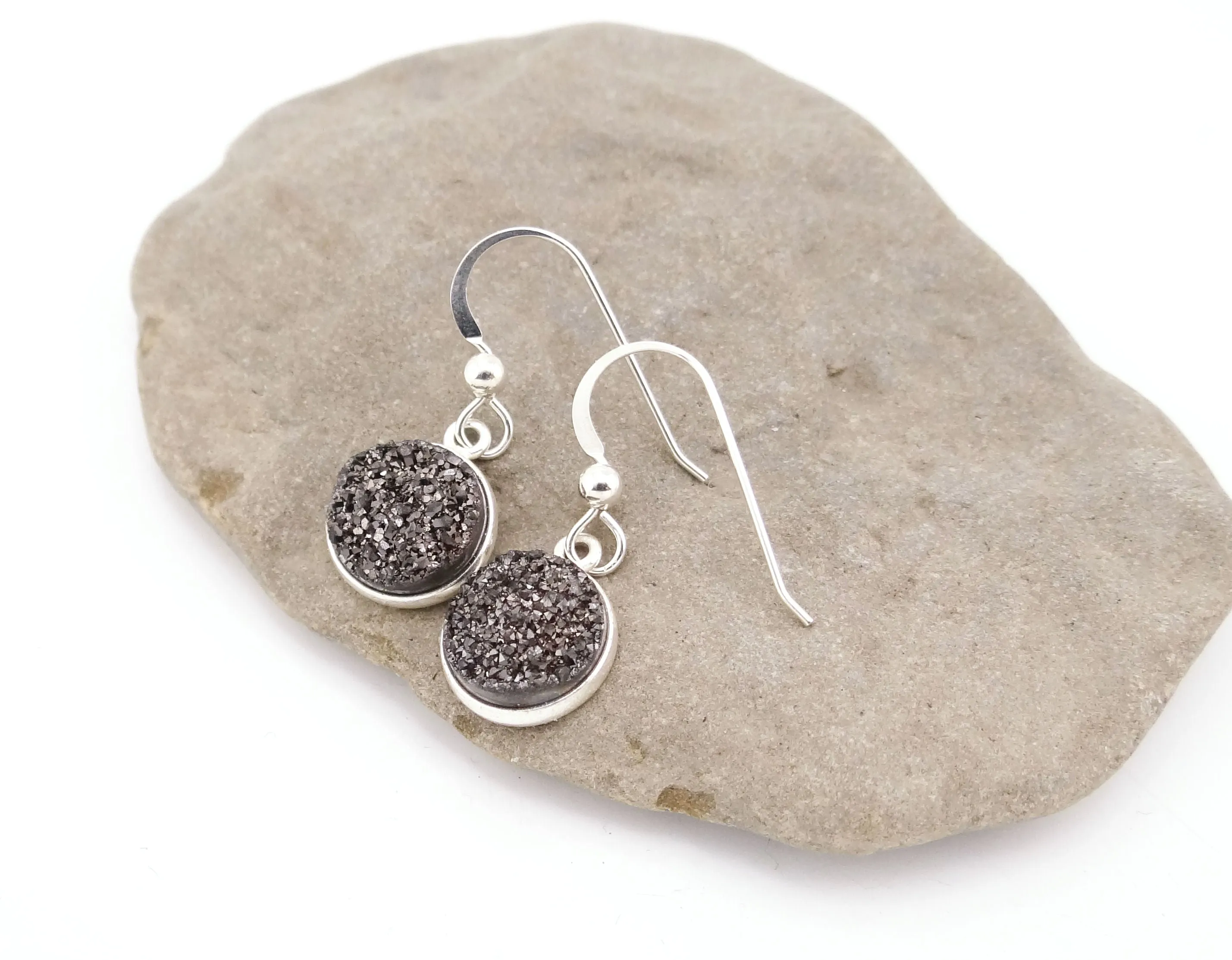 Round Druzy Earrings Gunmetal With Sterling Silver Trim