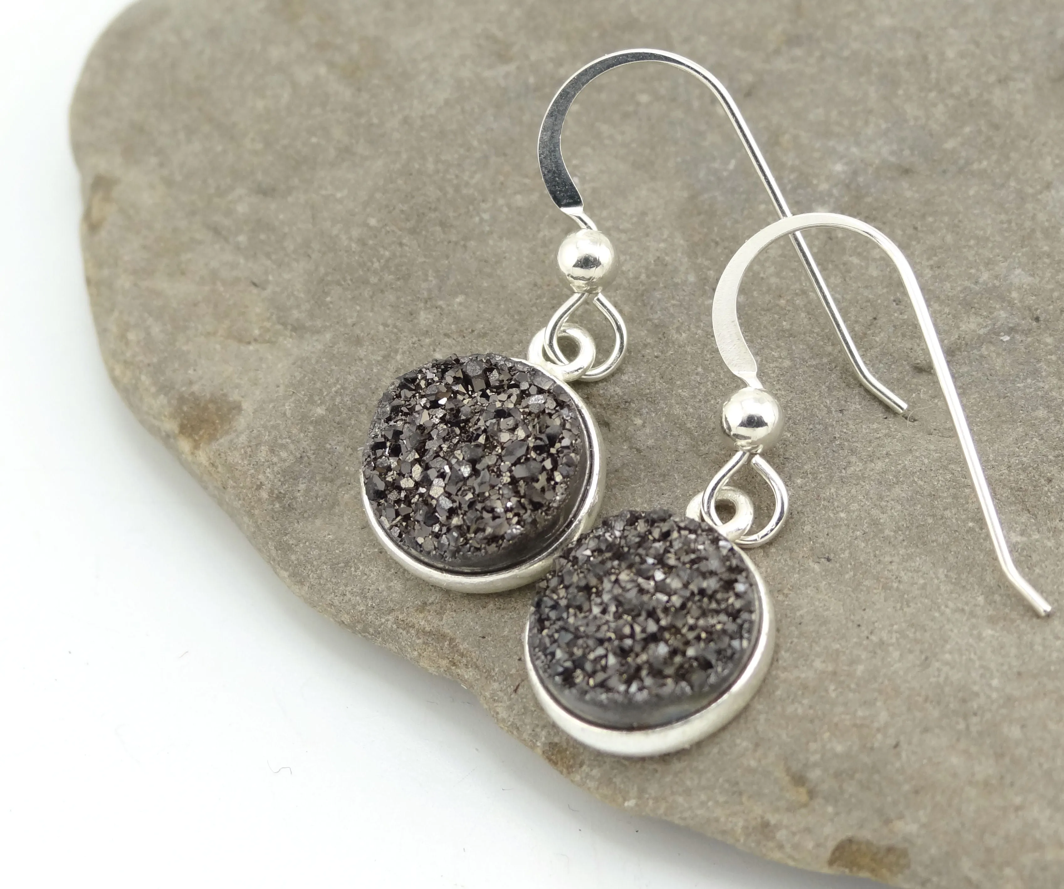 Round Druzy Earrings Gunmetal With Sterling Silver Trim