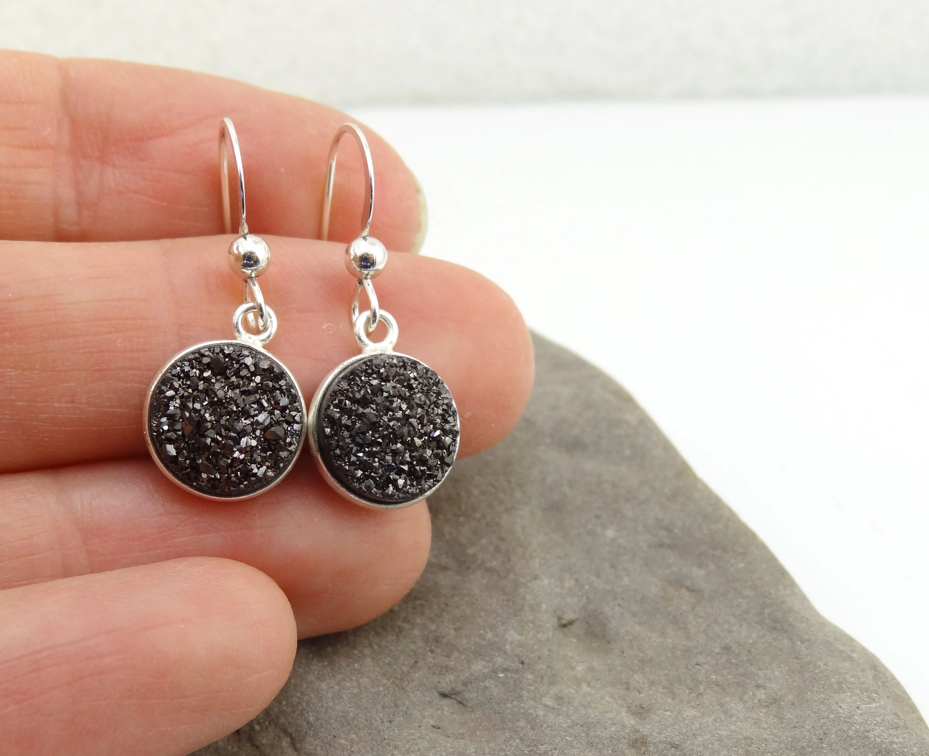 Round Druzy Earrings Gunmetal With Sterling Silver Trim