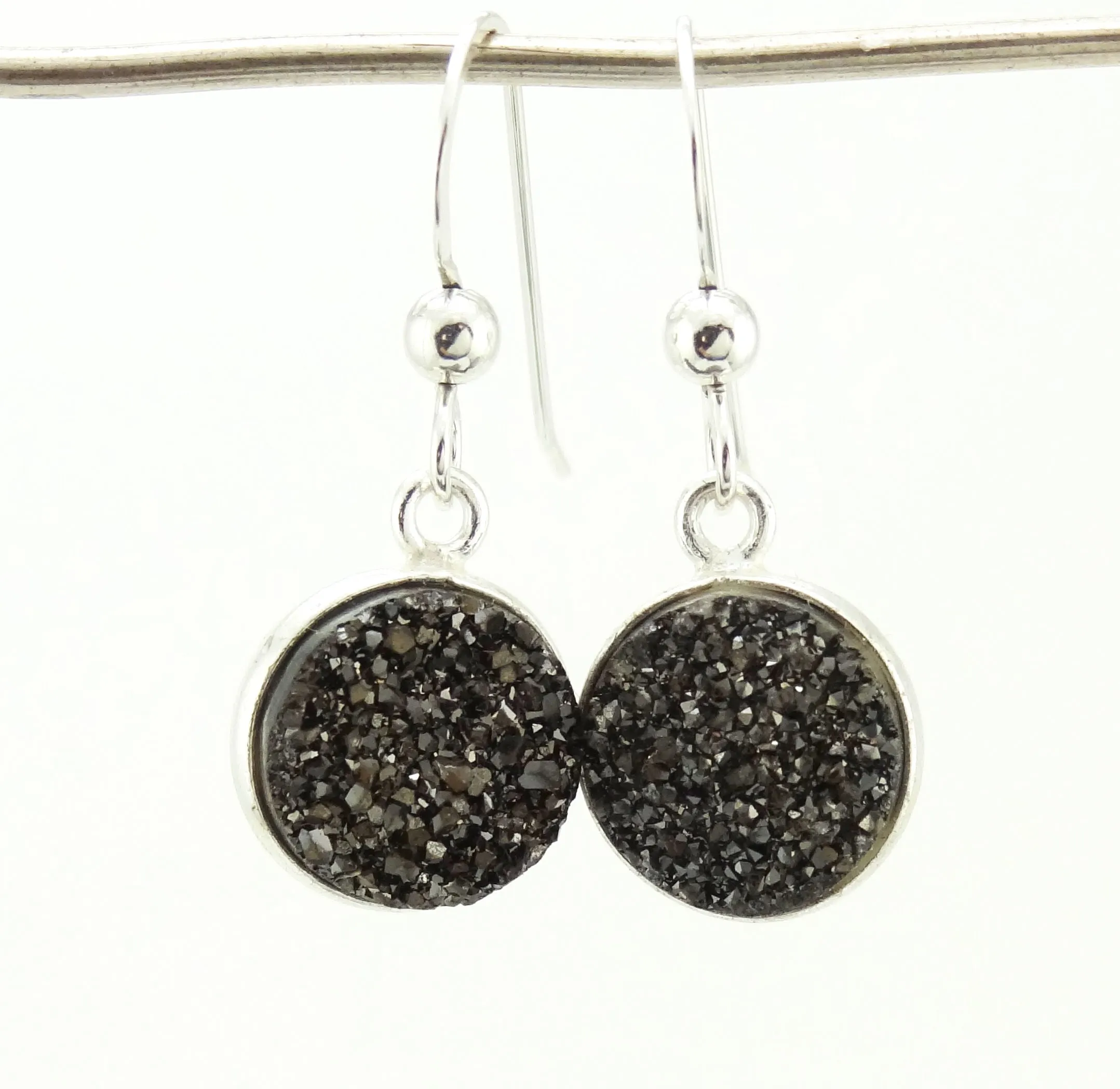 Round Druzy Earrings Gunmetal With Sterling Silver Trim