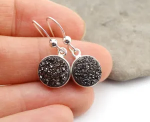 Round Druzy Earrings Gunmetal With Sterling Silver Trim