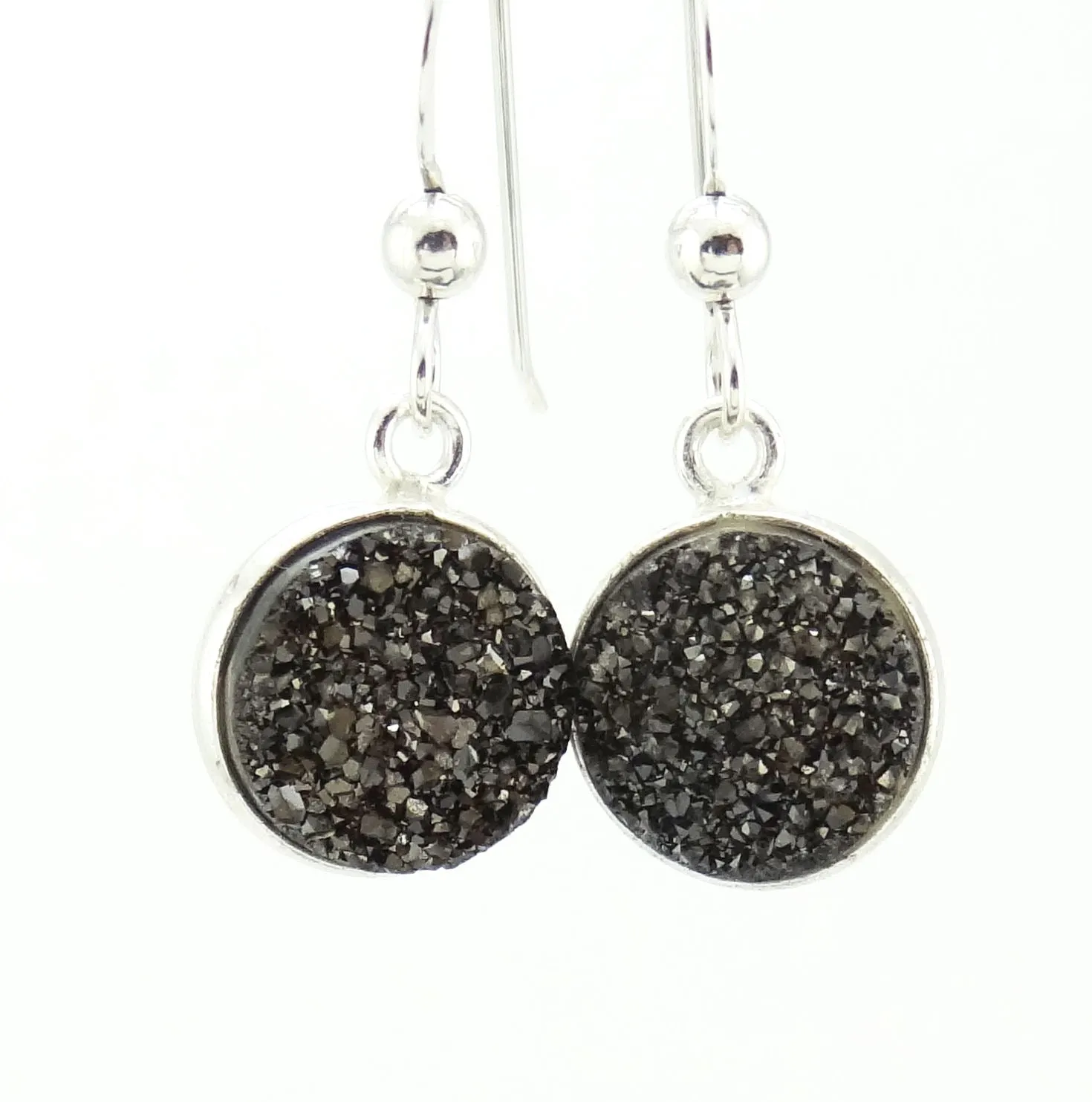 Round Druzy Earrings Gunmetal With Sterling Silver Trim