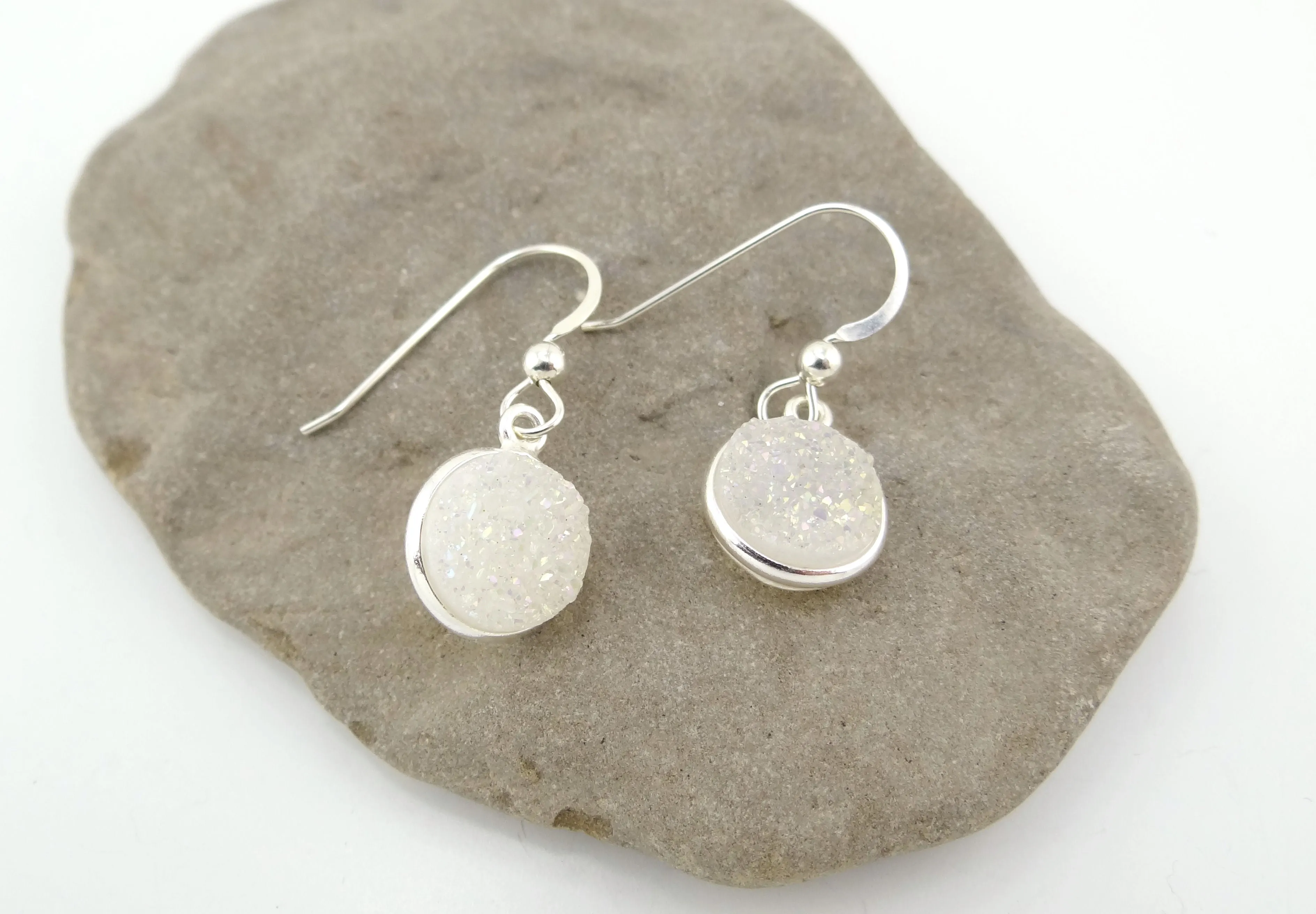 Round Druzy Earrings Iridescent Opal With Silver Trim
