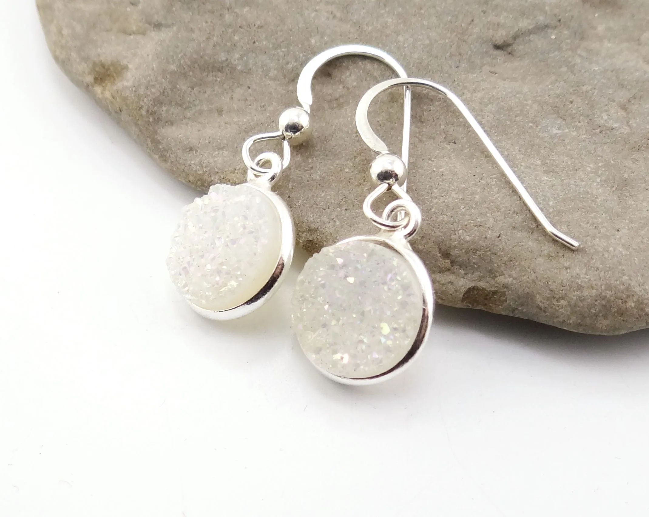 Round Druzy Earrings Iridescent Opal With Silver Trim