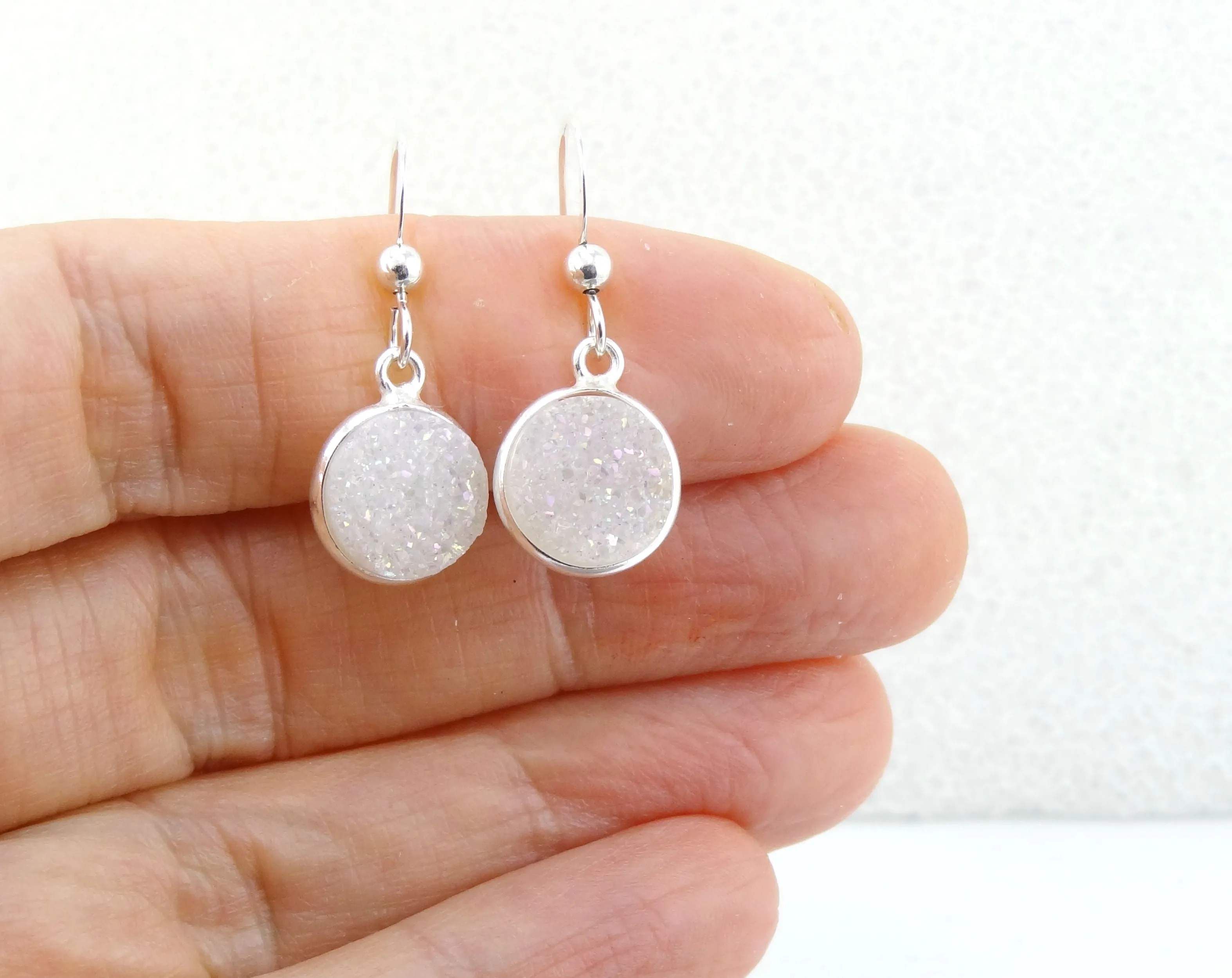 Round Druzy Earrings Iridescent Opal With Silver Trim