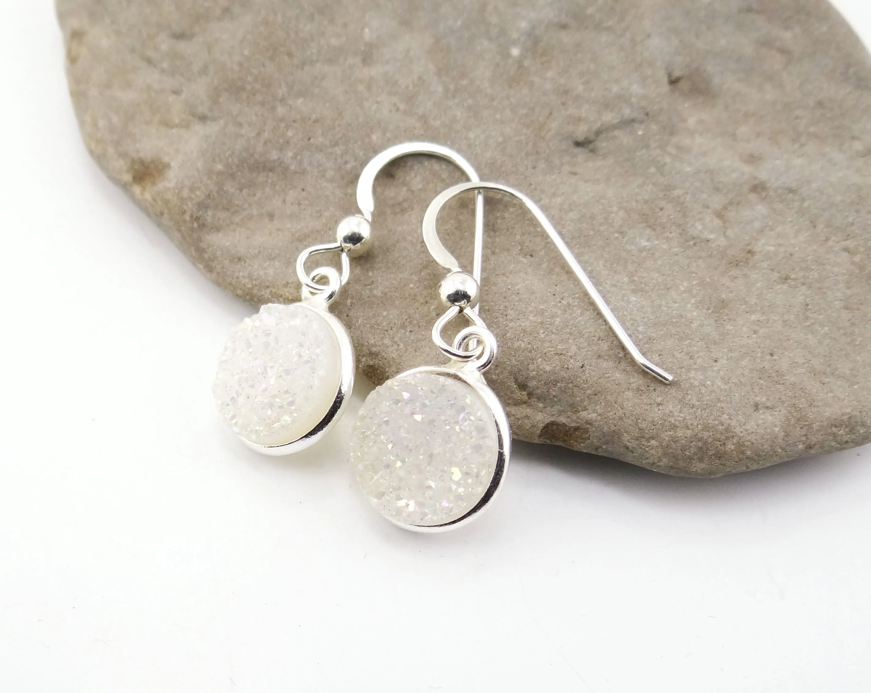 Round Druzy Earrings Iridescent Opal With Silver Trim