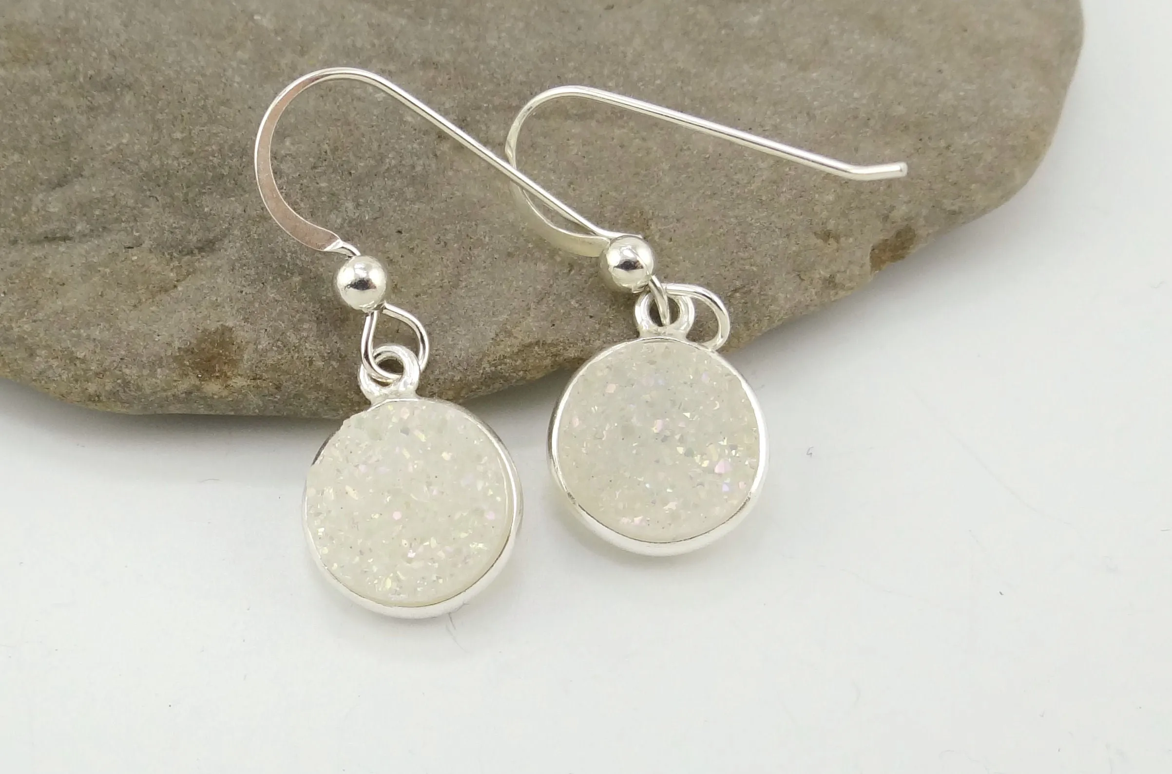 Round Druzy Earrings Iridescent Opal With Silver Trim