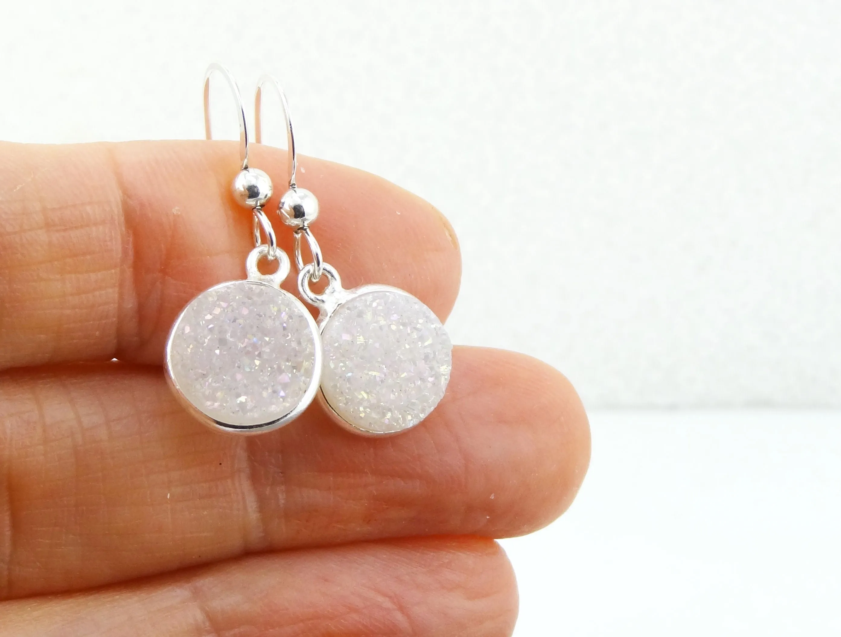 Round Druzy Earrings Iridescent Opal With Silver Trim