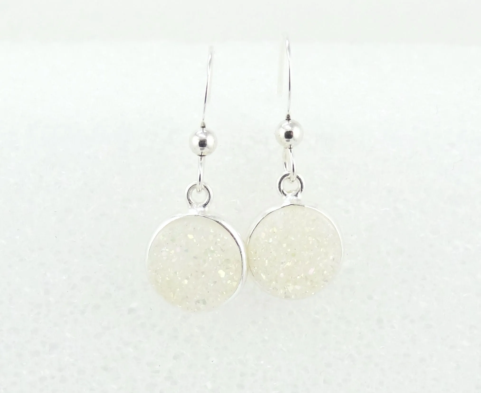 Round Druzy Earrings Iridescent Opal With Silver Trim