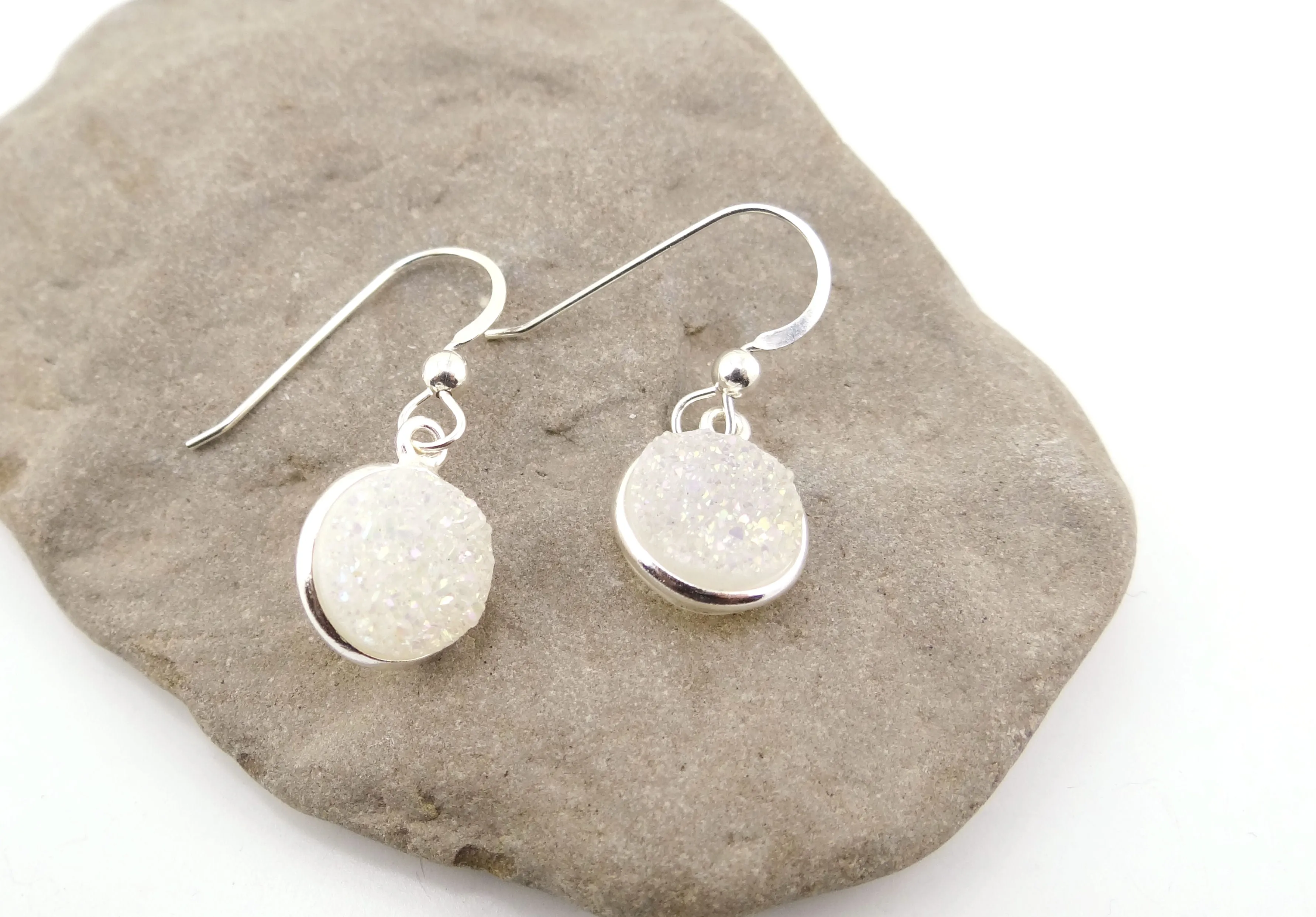 Round Druzy Earrings Iridescent Opal With Silver Trim