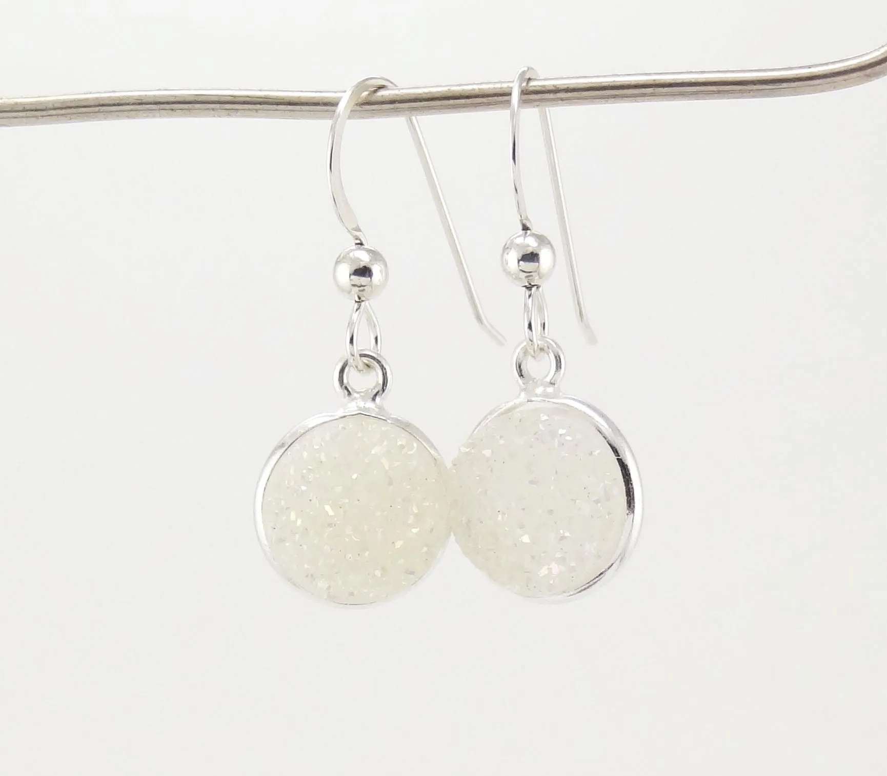 Round Druzy Earrings Iridescent Opal With Silver Trim