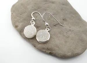 Round Druzy Earrings Iridescent Opal With Silver Trim