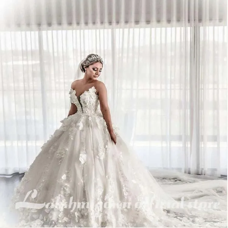 Roycebridal 3D Flowrers Ball Gown Wedding Dresses Luxury Lace Appliqued
