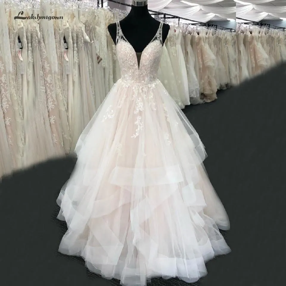 Roycebridal Blush Pink Wedding Dress V Neck Luxury Beading Lace Bridal