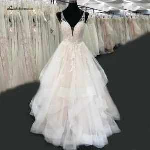 Roycebridal Blush Pink Wedding Dress V Neck Luxury Beading Lace Bridal