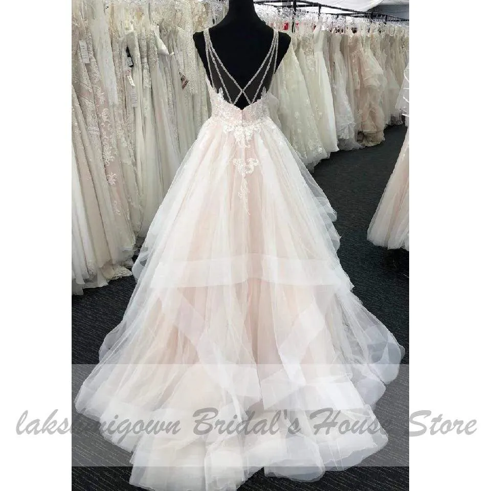 Roycebridal Blush Pink Wedding Dress V Neck Luxury Beading Lace Bridal