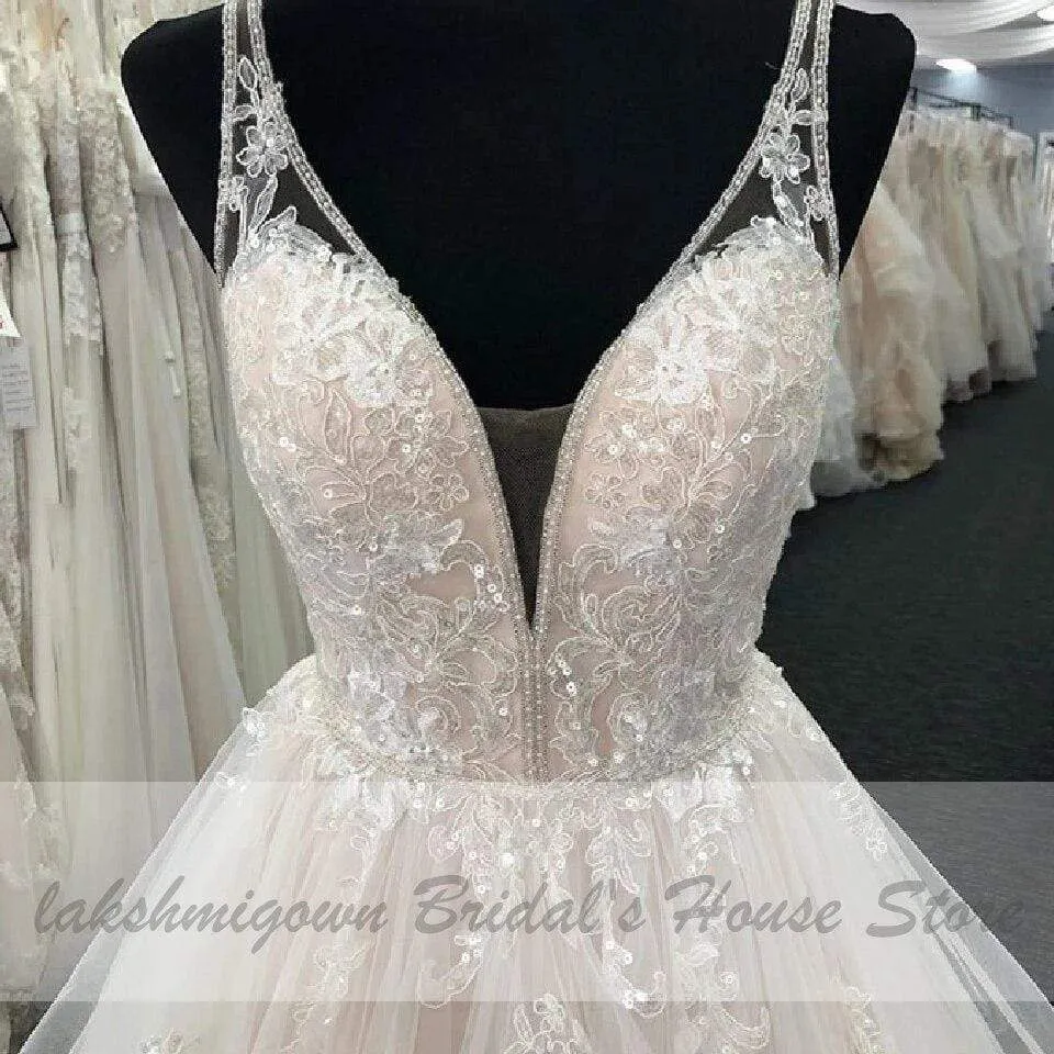Roycebridal Blush Pink Wedding Dress V Neck Luxury Beading Lace Bridal