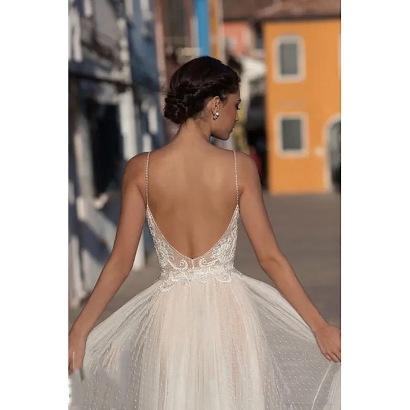 Roycebridal Eightree Beach Wedding Dress Boho vestido de noiva Bohemian Lace Bridal Dress Backless Spaghetti Straps V Neck Wedding Gowns