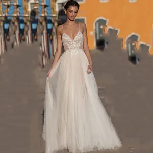 Roycebridal Eightree Beach Wedding Dress Boho vestido de noiva Bohemian Lace Bridal Dress Backless Spaghetti Straps V Neck Wedding Gowns