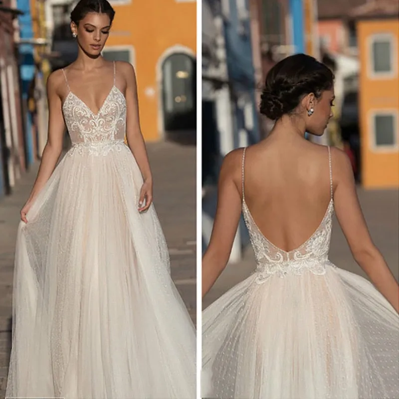 Roycebridal Eightree Beach Wedding Dress Boho vestido de noiva Bohemian Lace Bridal Dress Backless Spaghetti Straps V Neck Wedding Gowns