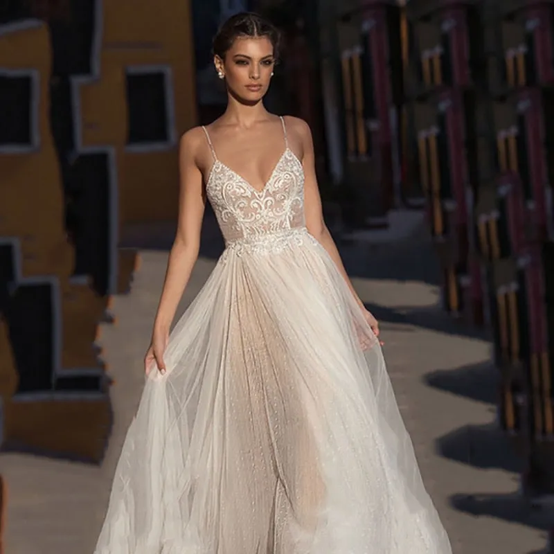 Roycebridal Eightree Beach Wedding Dress Boho vestido de noiva Bohemian Lace Bridal Dress Backless Spaghetti Straps V Neck Wedding Gowns