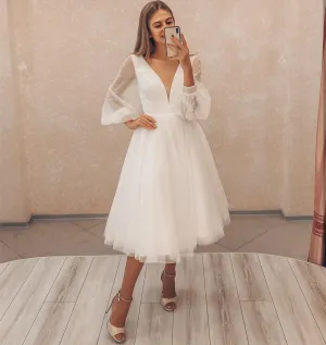 Roycebridal Lakshmigown Short Wedding Dress 2021 Long Puff Sleeve Simple Elegant V-Neck Knee Length Robe De Mariee Custom Made