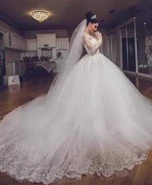 Roycebridal Long Sleeves Lace Wedding Dresses Luxury Bride Gown