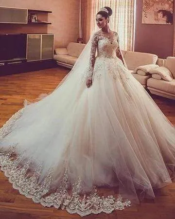 Roycebridal Long Sleeves Lace Wedding Dresses Luxury Bride Gown