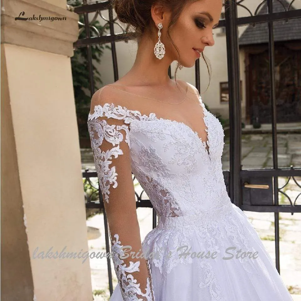 Roycebridal Luxury A Line Wedding Dress 2 in 1 with Sleeves Lace