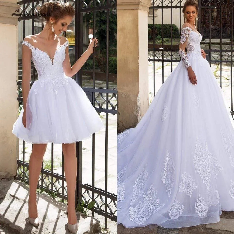 Roycebridal Luxury A Line Wedding Dress 2 in 1 with Sleeves Lace