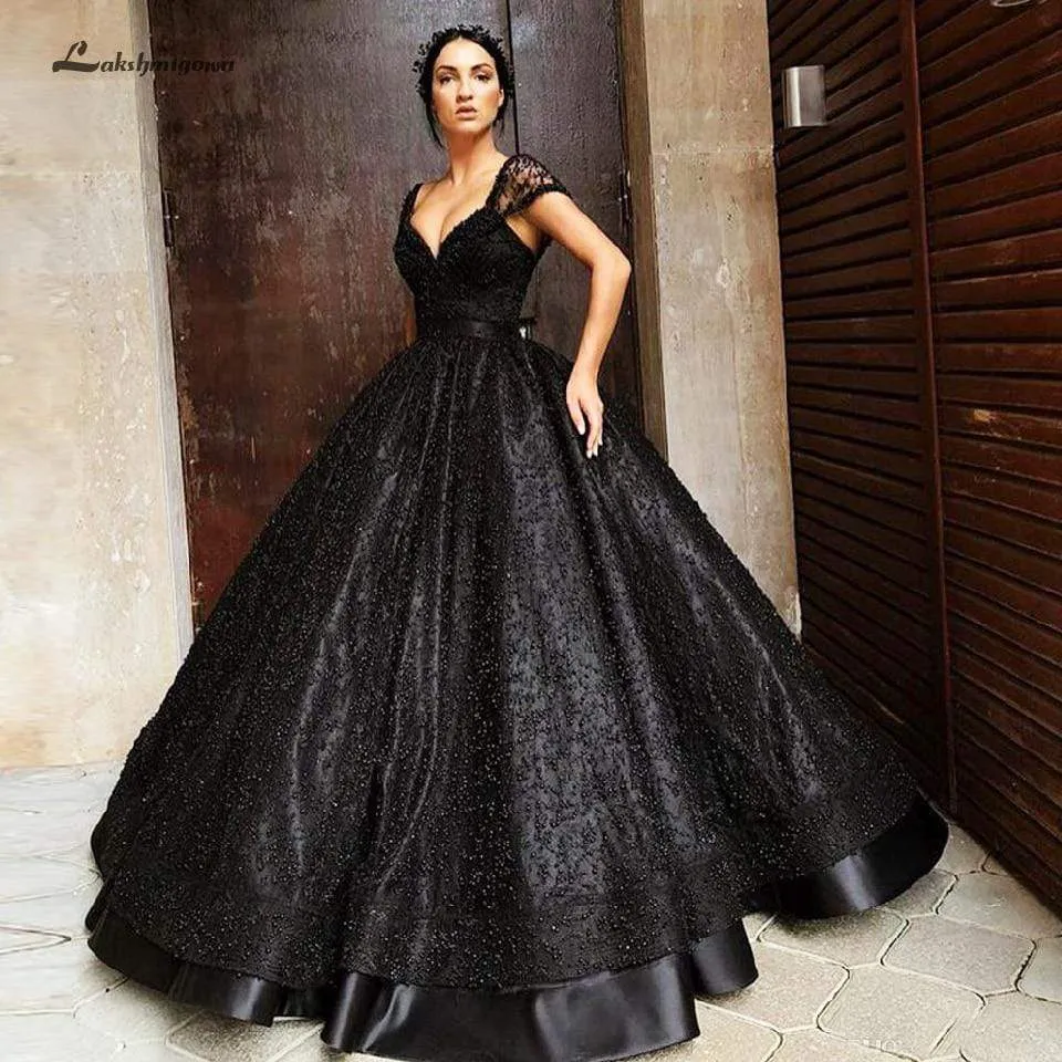 Roycebridal Luxury Black Pearls Wedding Dress Floor Length
