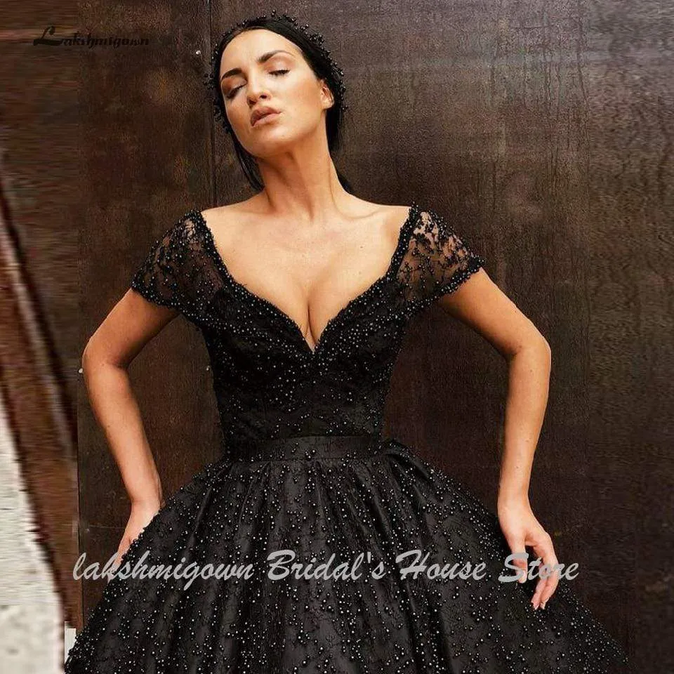 Roycebridal Luxury Black Pearls Wedding Dress Floor Length