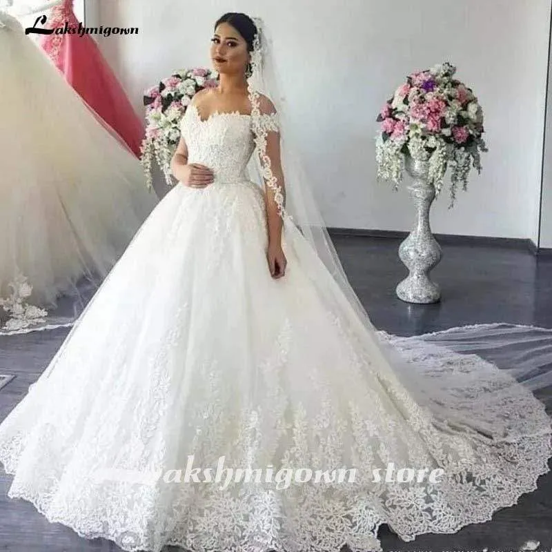 Roycebridal Luxury Lace Boat Neck Ball Gown Wedding Dresses Sweetheart