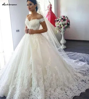 Roycebridal Luxury Lace Boat Neck Ball Gown Wedding Dresses Sweetheart