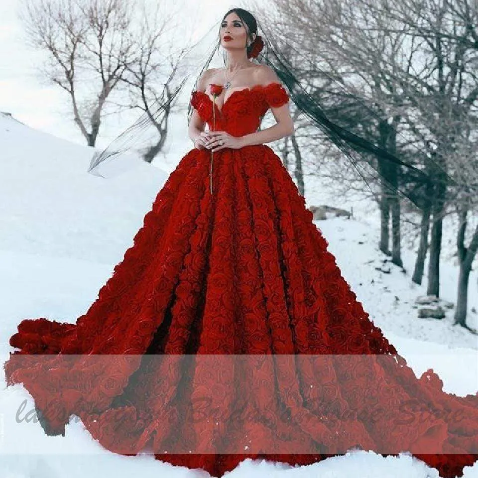 Roycebridal Luxury Red Lace Foral Wedding Dresses Long Train