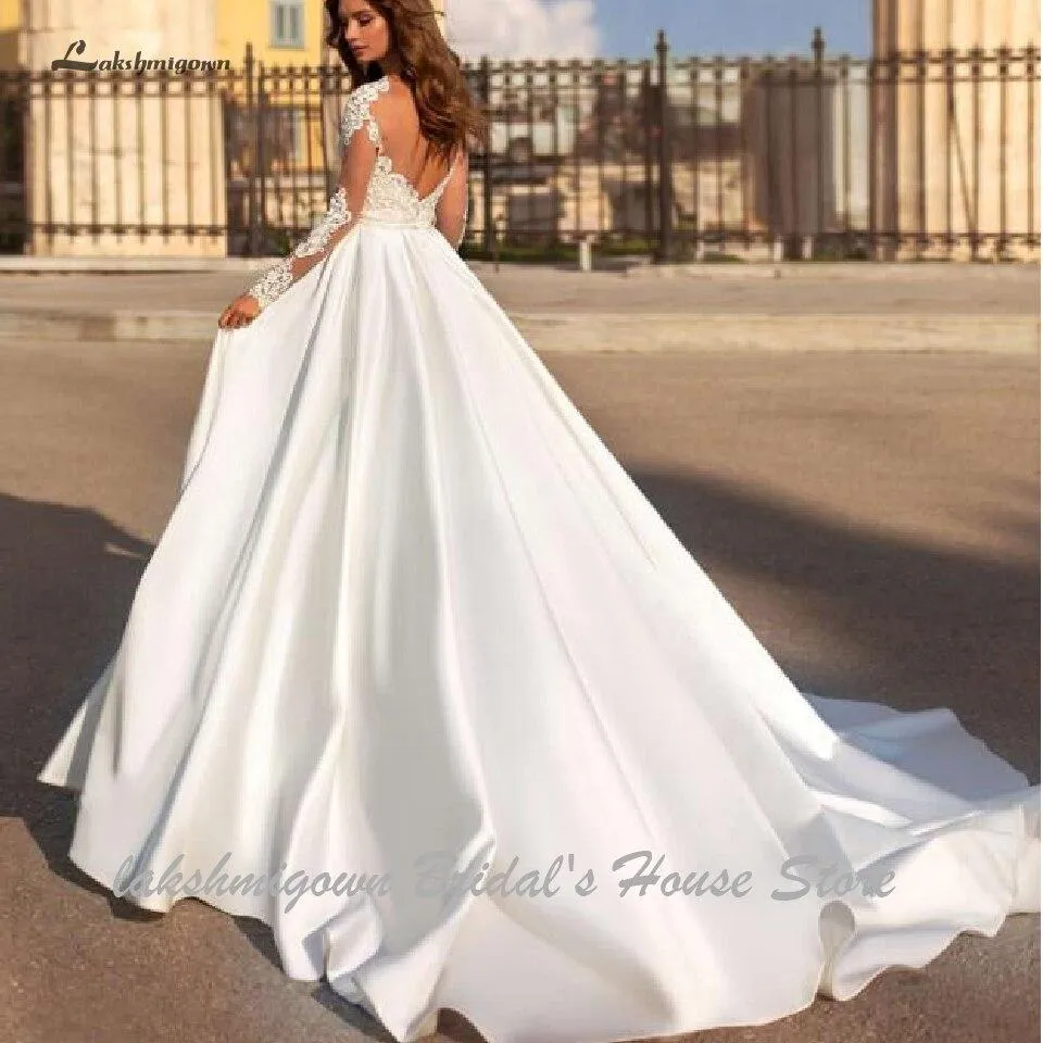 Roycebridal Luxury Satin Wedding Dress Long Sleeve Sheer Illusion Lace Top