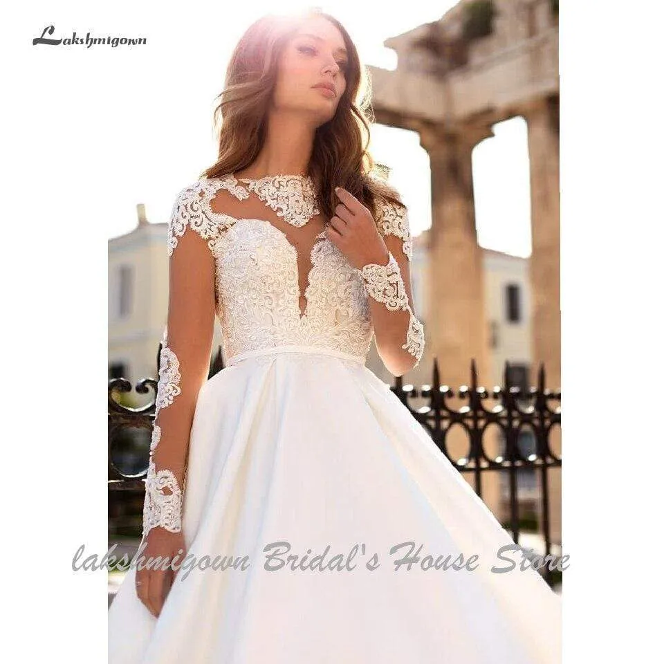 Roycebridal Luxury Satin Wedding Dress Long Sleeve Sheer Illusion Lace Top