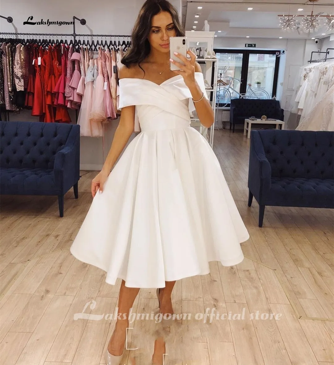 Roycebridal Short Wedding Dress Satin Knee Lengt Pleat Simple Off Shoulder Bridal Gown For Women Brides Elegant Cheap Robe De Mariee