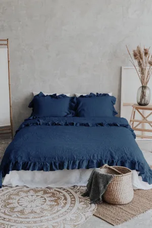 Ruffle Duvet Cover and Pillowcases Set - Dark Blue