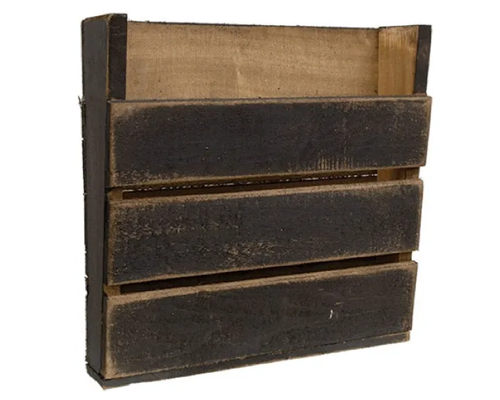 Rustic black slat wooden wall hanging bin