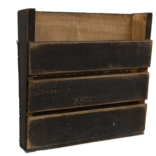 Rustic black slat wooden wall hanging bin