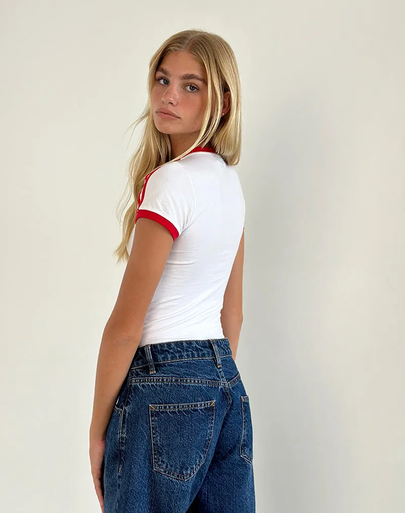 Salda Tee in White with She's a Keeper and Tango Red Binding