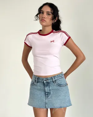 Salda Top in Light Pink with Adrenaline Red Binding and Bow Embroidery