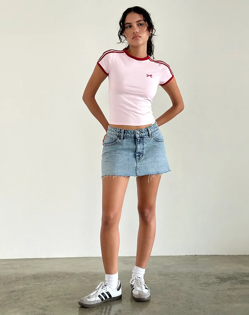 Salda Top in Light Pink with Adrenaline Red Binding and Bow Embroidery